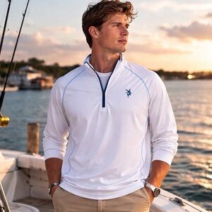 White Water Performance 1/4 Zip Pullover White Blue Marlin Logo Size XL Fishing